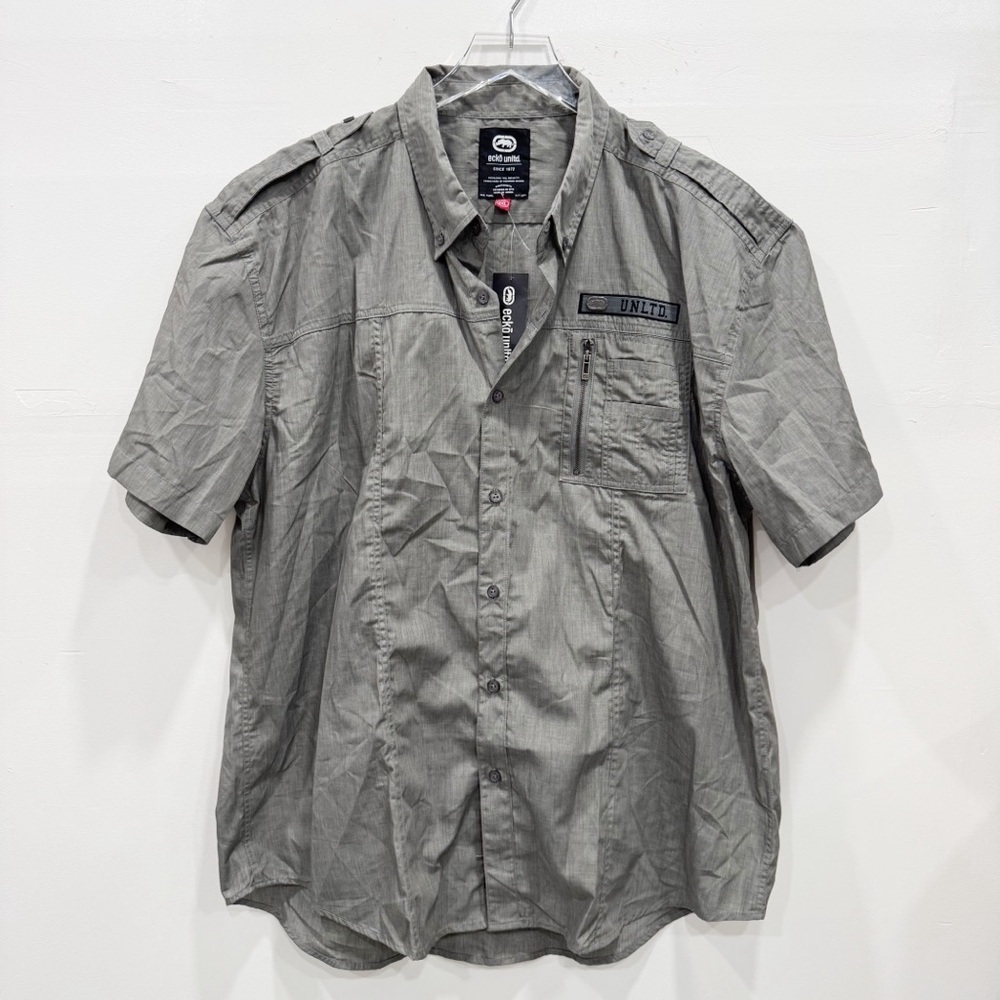 Ecko Unltd Y2K Utility Short Sleeve Button Down Shirt Grey Marled 2XL